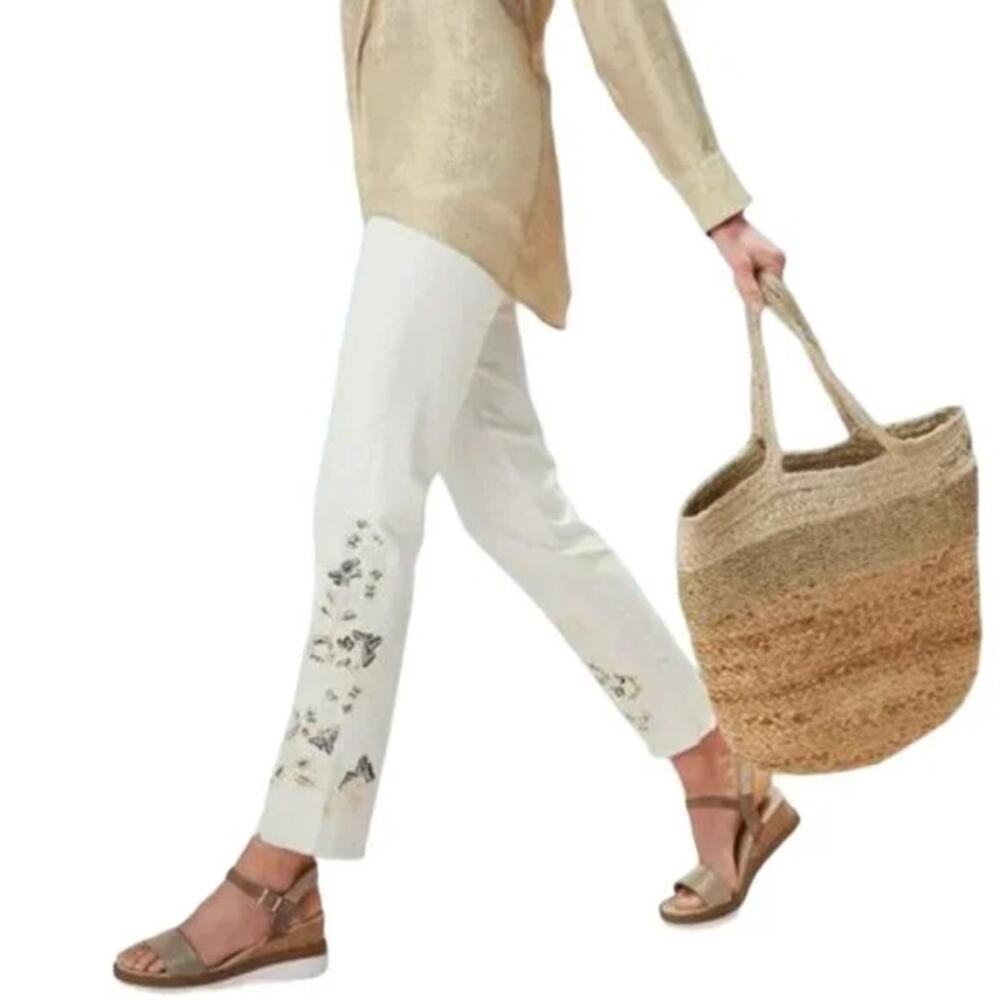 Soft Surroundings White Straight Leg Jeans with Embroidery